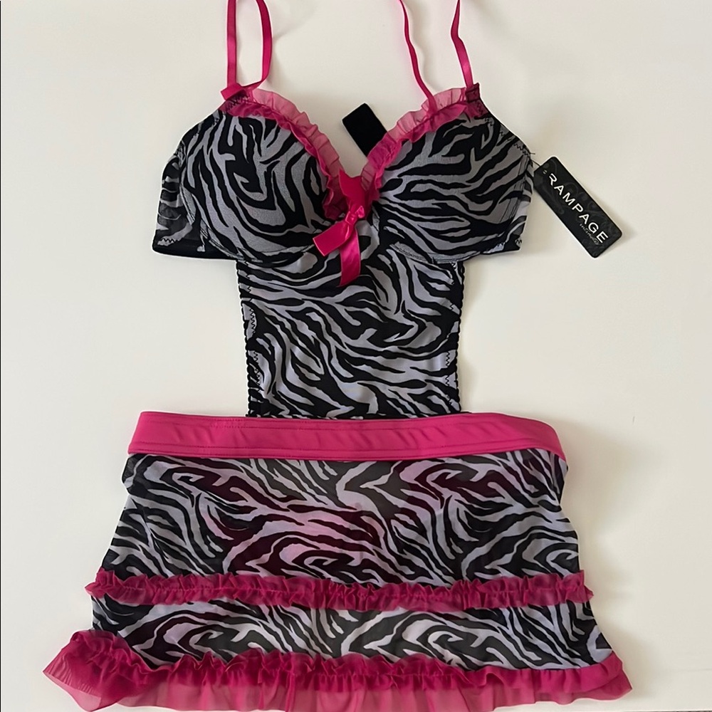 Rampage sexy lingerie sleepwear tie up skirt festival rave halloween zebra